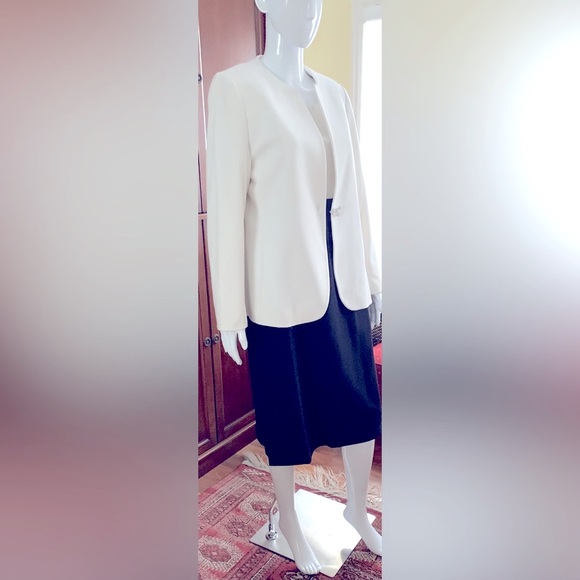 Navy blue & white straight pencil dress at knee sleeveless round neck mesh slit - Picture 9 of 9